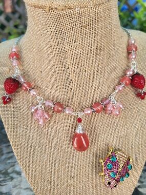 Handmade Pink and Red Charm Statement Necklace with Teardrop Pendant /Strawberry